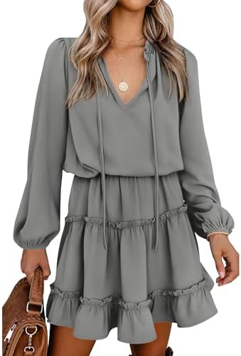 BTFBM Long Sleeve Fall Dresses for Women 2025 Summer Casual Tie Neck Ruffle Tiered A Line Wedding Guest Short Mini Dress