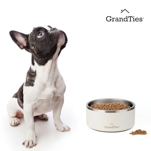 GrandTies Futternapf aus Edelstahl mit Gravur, wiederverwendbar, BPA-frei, isoliert, für Katzen und Hunde, groß, robust, rutschfest, auslaufsicher, für den Außenbereich (1250mL, Elfenbeinweiß)