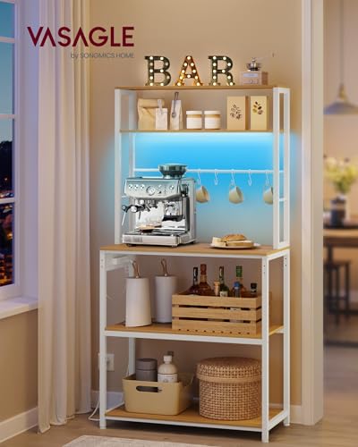 Image of VASAGLE Coffee Bar with LED Lights, Kitchen Bakers Rack with Power Outlet, Microwave Stand with Adjustable Shelves, 8 Hooks, 15.7 x 31.5 x 65.7 Inches, Golden Oak and Matte White UKKS050Y01