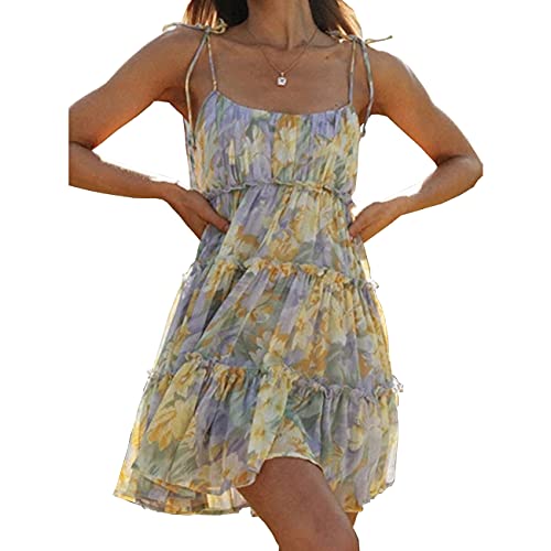 kinstell Women's Boho Spaghetti Strap Ruffle Square Neck Bowknot Backless Sleeveless Elegant Flowy Mini Short Skater Dresses