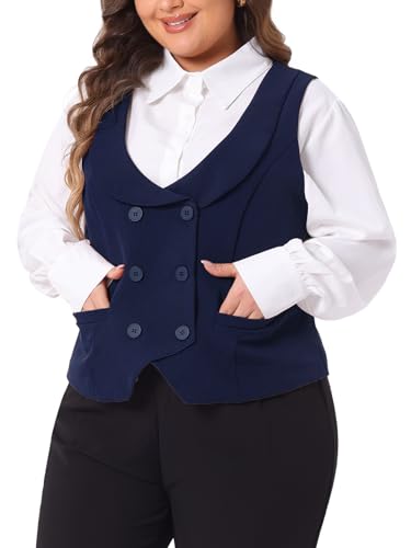 Agnes Orinda Plus Size Suit Vest for Women Double Breasted Vintage Lapel Collar Dressy Waistcoat Vest with 2 Pockets