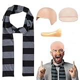 kbibck set di 4 accessori per costume da cosplay cartoni animati - cappello calvo, sciarpa a righe nero-grigio a righe naso lungo per halloween, giochi di ruolo, accessori per feste, abito selvaggio