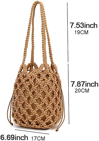 Woven Bucket Handbag for Women, Summer Beach Tote Bag Drawstring Shoulder Bag, Girls Handmade Bucket Bag for Travel Beach 3 Woven Bucket Handbag for Women, Summer Beach Tote Bag Drawstring Shoulder Bag, Girls Handmade Bucket Bag for Travel Beach