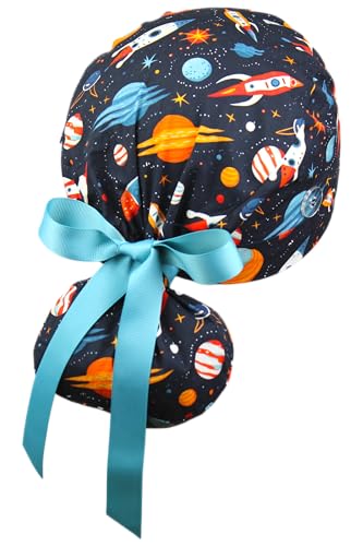Image of Scrub Cap for Women and Men, Ponytail Scrub Caps, Working Hat, Head Cover with Ribbon Ties and Buttons, Long Hair