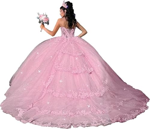 TSxuelian Vestido de encaje con apliques para quinceañera con cola, bordados de lentejuelas y vestido de baile con capas para fiesta, rosa claro, 38