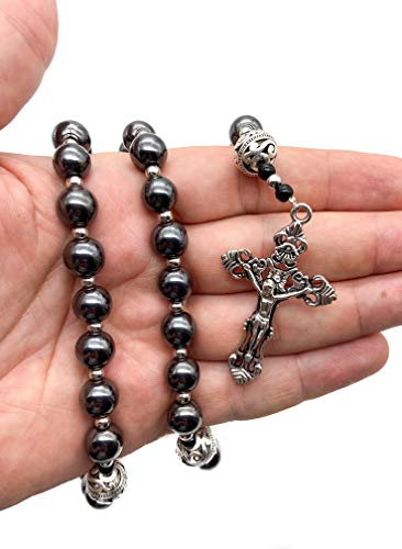 Hematite Rosary Black Stone Beads Necklace Metal Beaded Miraculous Medal & Cross Rosary For Men and Womens NS2
