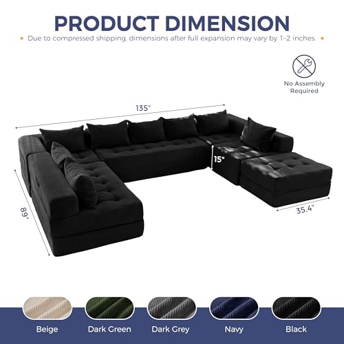 Image of MAXYOYO Modular Sectional Sofa Couch, Foldable Oversized U Shaped Cloud Couch with Pillows, Tufted Boneless Lounger Floor Sofa Bed for Living Room, No Assembly Required, Black