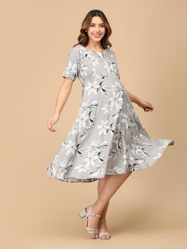 Image of The Mom Store Maternity and Nursing Dress | Pre and Post Pregnancy Dress for Womens | Zipper /Button Opening | Causal Wear | Trendy Stylish Causal Dresses for New Moms