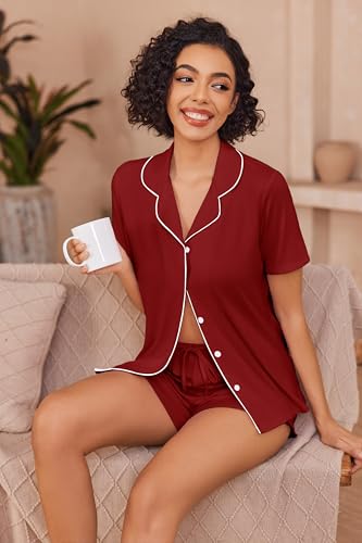 Image of Ekouaer Pajamas for Women Set Button Up Sleepwear 2 Piece Pjs Lounge Set Short Sleeve Nightwear