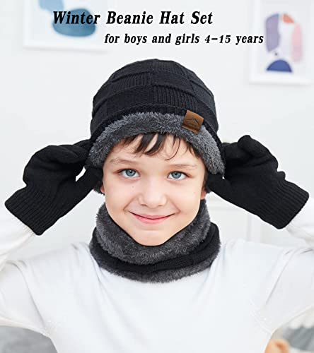 Image of KMOLY Kids Winter Beanie Hat Scarf Touchscreen Gloves Set for Boys Girls 4-15 Years Warm Skull Cap Fleece Lined Knitted Hat
