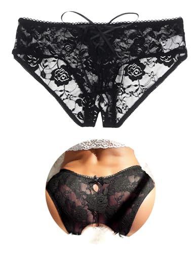 comeondear String Ouvert Femme Sexy Grande Taille Dentelle Noir,3XL-4XL