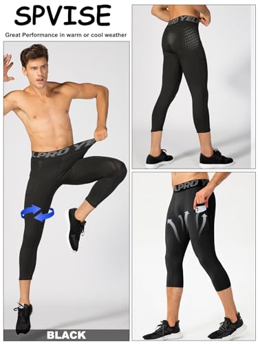 SPVISE 1 or 3 Pack 3/4 Compression Pants Men Athletic Gym Capri Leggings Running Tights Dry Fit Basketball Sports Base Layer4