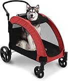 Large Dog Stroller with Brake, 50lbs Capacity 4-Wheel Foldable Cart, Dual Entry & Ventilation, Includes Pet Safety Tether for Medium/Large Breeds (Red)