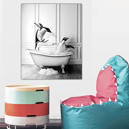 Penguin In Bathtub Canvas Wall Art - Bathroom Art Wall Decor - Animal Print Painting Picture - Black And White Artwork Poster No Frame (12X16In/30X40Cm) #TOP2