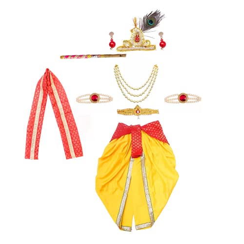 Image of ITSMYCOSTUME Krishna Dress for Baby Boy Kids Set of 10(Dhoti,Patka,Hip Cover,Mukut,Morpankh,Bansuri,Kamarband,Bajuband,Kundal) Little Krishna Ji Kanha Janmasthmi Costume for Kids