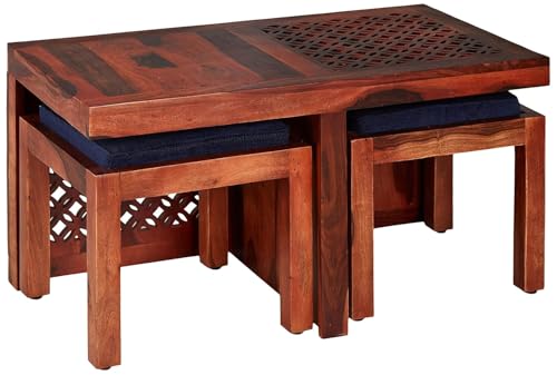 Image of Jangid Handicraft Solid Sheesham Wood Coffee Table with 2 Stool | Rectangle Sofa Centre Table with Stool | Tea Center Table with 2 Stools for Living Room | Patio Teapoy Table with Two Puffy, Brown