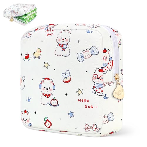 Image of Sanitary Pad Storage Bag Portable Period Bag for Teen Pads /Sanitary Napkins /Small Tampons, Sanitary Napkin Storage Bag First Period Gifts for Teen Girls (White Puppy)