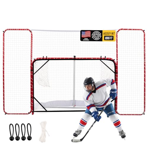 ZEALFEEL Hockey Net with Backstop 10x6FT Pro Hockey Goal Training Set with Target Nets Heavy-Duty Steel Frame & 5-Strand Tear-Resistant Netting for Shooting Passing Goalie & Protection Practice