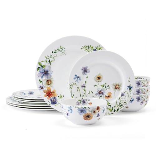 Mikasa Audrina Water Color Flowers Bone China Lightweight Chip Resistant 12 Piece Dinnerware Set, Service for 4, White Mikasa Audrina Water Color Flowers Bone China Lightweight Chip Resistant 12 Piece Dinnerware Set, Service for 4, White