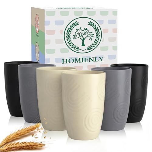Homienly Wheat Straw Cups Drinking Glasses Set of 6, Unbreakable Plastic Cups Reusable Cups for Kitchen Camping Picnic Dorm Microwave and Dishwasher Safe Water Glasses Drinking Set 12 OZ - GreyStone