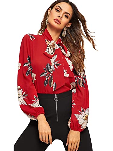 Floerns Women's Floral Print Bow Tied Neck Lantern Long Sleeve Blouse Tops Red M #TOP4