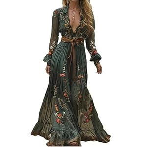JIAALU Damen Kleider Vintage Rustikaler Stil Langes Boho Kleid Lässiges Maxikleid Blumenmuster Kleid Frühling Langarm Blumenkleid Blumenkleid