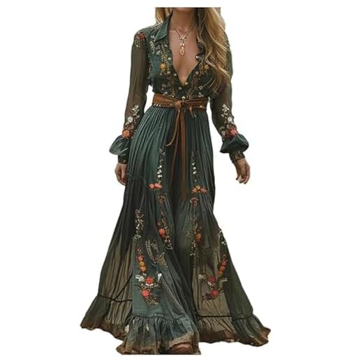 JIAALU Damen Kleider Vintage Rustikaler Stil Langes Boho Kleid Lässiges Maxikleid Blumenmuster Kleid Frühling Langarm Blumenkleid Blumenkleid