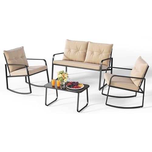 Gizoon Outdoor Patio Furniture Set, Modern Black Steel Conversation Set with Loveseat, 4 Piece Rocking Patio Set for Backyard, Balcony, Porch, Deck, C