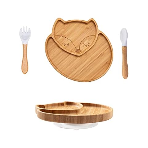3pcs Baby Bamboo Suction Plate Set Silicone Suction Divided Plate with 2 Spoons Cute Fox Toddler Led Feeding Bowls Eco Friendly Non Slip Plates Perfect for Weaning Babies and Toddlers Cover