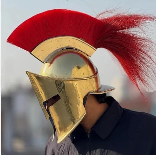Helmet Gold Armour Helmet with Red Plume for Men Greek Soldier, Roman Gladiator & Medieval Knight Cosplay Fancy Dress & LARP Costume Accessory