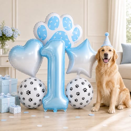 Image of Blue Puppy Dog Paw Print Number 2 Foil Balloon Kit Boys 2nd Birthday Decor