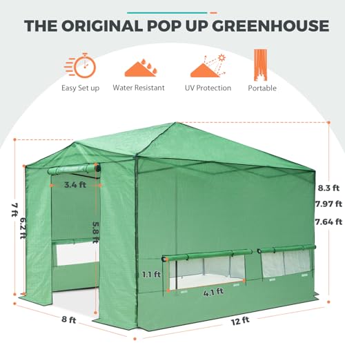 Image of EAGLE PEAK 12x8 Easy Setup Pop Up Greenhouse, Support Pole, Clear /Green