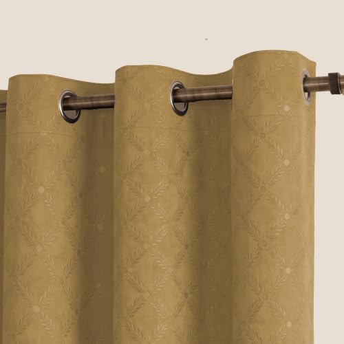Image of LINENWALAS 100% True Blackout Long Door Curtains 9 Feet Long Set of 2 | Embossed Moonlight Design | Room Darkening Curtain | Thermal Insulated Curtains for Living Room (9 Feet, Golden Beige)