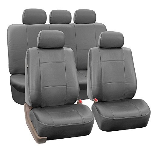 FH Group Classic PU Leather Full Set Car Seat Covers, Airbag Compatible and Split Bench with Gift - Universal Fit for Cars Trucks & SUVs (Solid Gray)