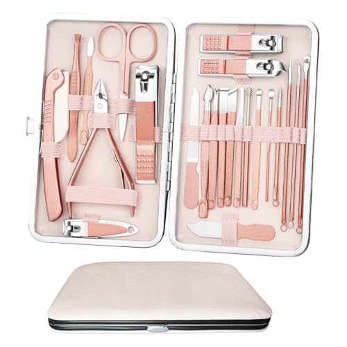 Acehome Juego de manicura 23 en 1, kit de pedicura profesional de acero inoxidable, tijeras de uñas, kit de aseo con funda de piel sintética rosa para viajes y uso doméstico (cuero rosa)