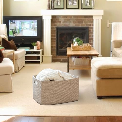 Image of OIAHOMY Cotton Rope Basket Rectangle Blanket Basket living Room Brown