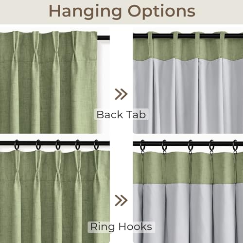 Pinch Pleated Blackout Curtains 90 Inch Long, Linen Blend, 100% Blackout Drapes with 20 Hooks, Ideal for Bedroom and Living Room, 40" W x 90" L (Pack of 2), Sage Green