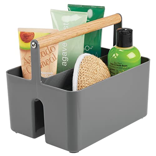 mDesign Under Sink Storage – Plastic and Wood Bathroom Caddy – Portable Cosmetics Storage Organiser – Charcoal Grey/Natural