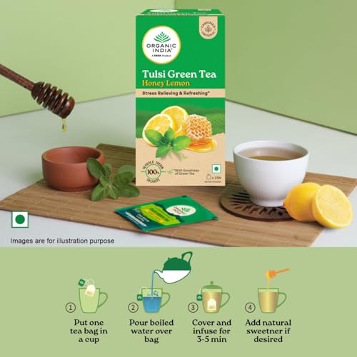 Image of ORGANIC INDIA Tulsi Green Tea Honey Lemon - 25 Tea Bags, Refreshing Blend with Tulsi, Green Tea, Lemon & Honey Flavors, Naturally Sourced Ingredients, Staple-Free Bags Certified Organic