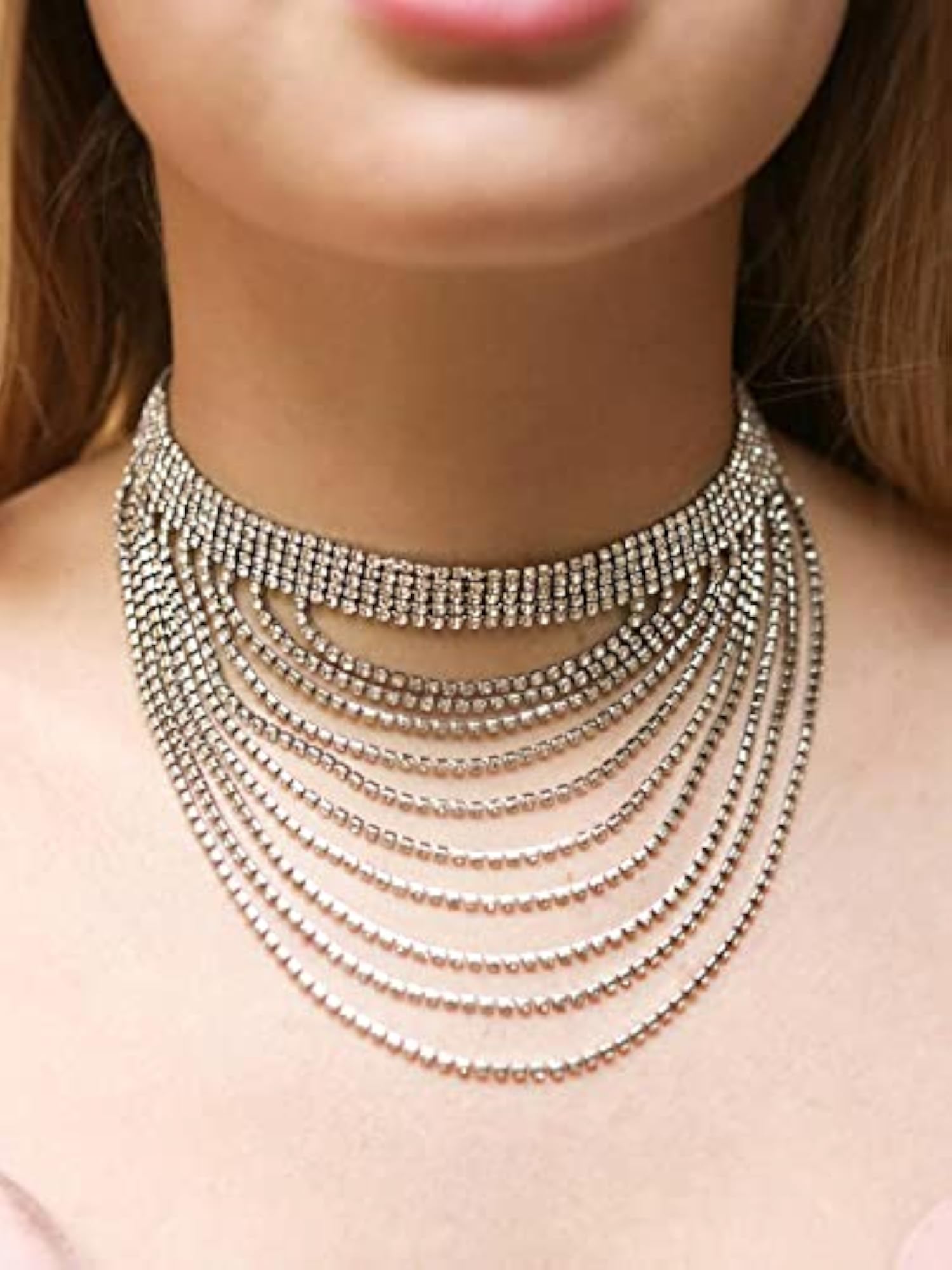 Silver Choker Western Multilayer Rhinestone Tassle Statement Necklace