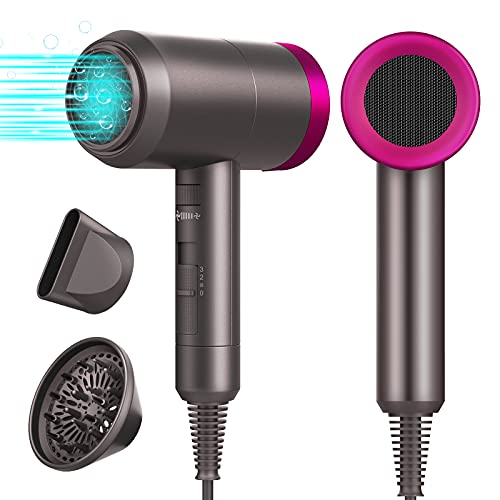 Hair Dryer with Diffuser, Professional Styling Blow Dryer for Women Curly Hair, Ionic Hairdryer Fast Drying Air Blower with Heating Speed Settings, Powerful Dryer Lightweight 1600W Small (Pink)