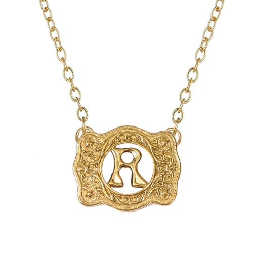 14K Gold Belt Buckle Necklace Western Style Initial Letter Pendant Necklace, Decorative Belt Buckle Frame Design