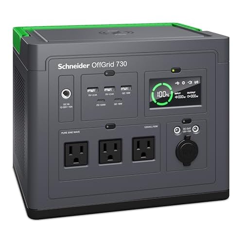 Schneider OffGrid Portable Power Station 738W / 728Wh Portable Solar Generator for Camping or Home, PPS730, Wireless phone charger, solar generator options