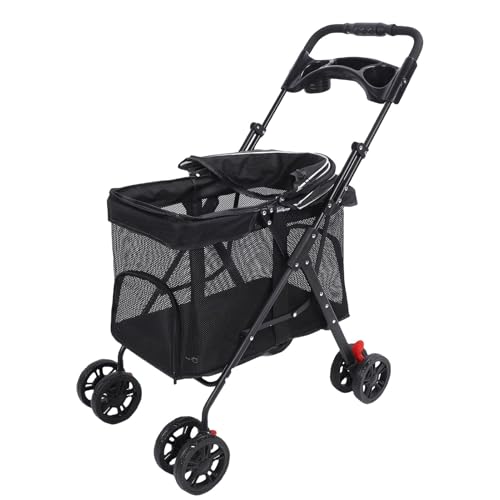 Fabater Carrollador de Mascotas de 4 Ruedas, un Plegando la Jogger Cochecito Jogger Carrito de Perros con Cubierta Solar y Portavasos para Viajar, para Mascotas Pequeñas/Medianas (Black)