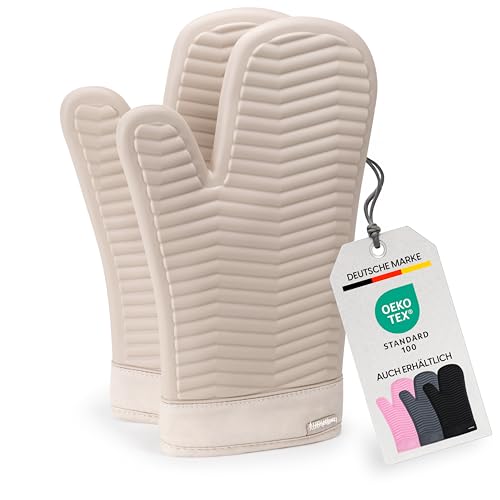Bellphany Premium Silikon Ofenhandschuhe Paar - Design Topfhandschuhe zum Kochen & Backen, Backofenhandschuhe hitzebeständig bis 250°C, Beige