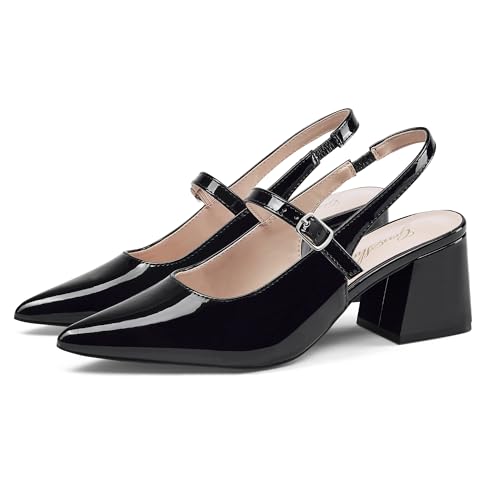 GENSHUO Women’s Slingback Chunky Heels 2.36 Inch Closed Pointed Toe Mary Jane Pumps Low Block Heels for Women Classic Comfort Party Daily Office Shoes
