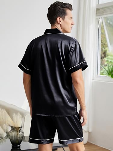 Mens Satin Pajamas Set Short Sleeve Button Down Sleepwear Silk Lounge Set Soft Two Piece PJs with Pockets4