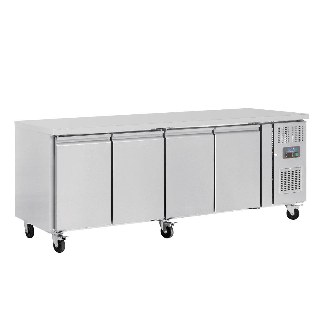 Polar Refrigeration U-Series 230W Four Door Counter Fridge 449 Litre, Stainless Steel, -2°C to 5°C, 860(H) x2230(W) x600(D) mm, Energy Rating D, 4 Shelves, Usable Capacity: 398 Ltr, R600a | G379