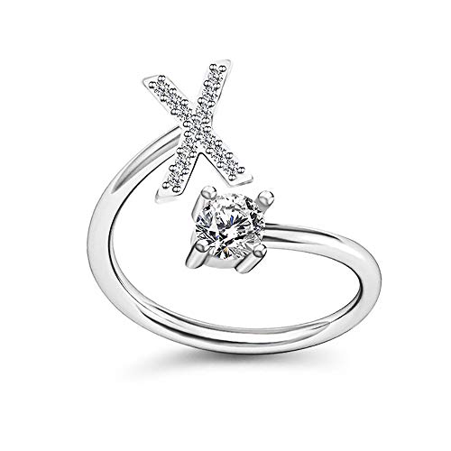 Image of HUJUON Silver Initial Letter Ring for Women. Adjustable Crystal Alphabet Ring,Name Initials Stackable Knuckle Rings A-Z CZ Open Ring