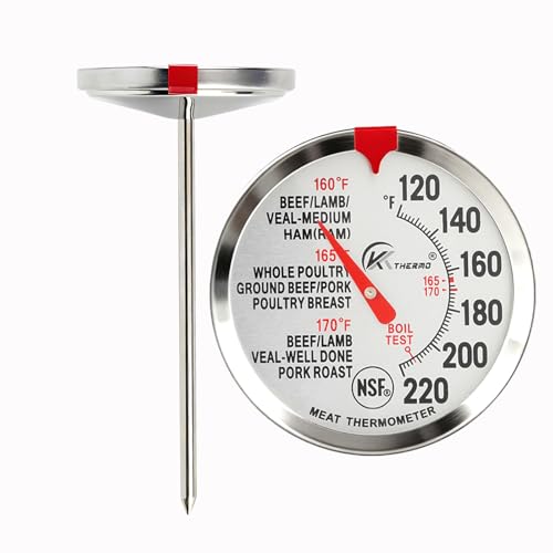 KT THERMO NSF Certified Instant Read Meat Thermometer - 2.5' Waterproof Dial, 5' Long Probe for Oven Safe Cooking, Roasting, Baking, BBQ & Poultry